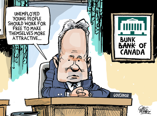This cartoon shows a man in a suit sitting at a desk in an office.  There is a sign on the wall that says 'Bank of Canada' with the word Bank crossed out and the word Bunk written in.