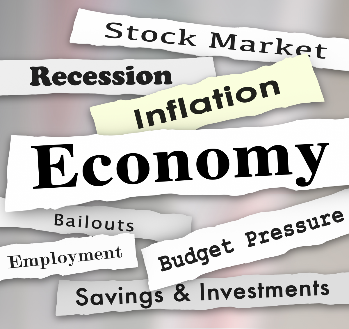 This image shows a number of headlines in a collage. The headlines have words including stock market, inflation, economy, budget pressure and bailouts.