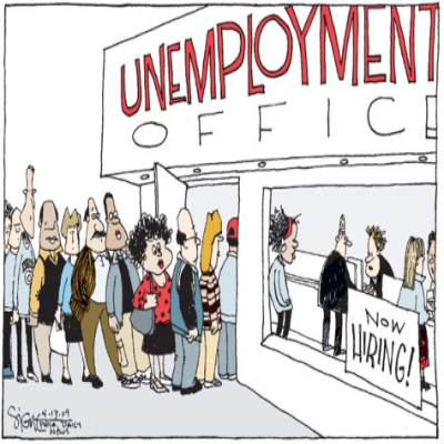 This cartoon shows a long line outside of an unemployment office. There is a sign in the window of the office that says, 'now hiring.'