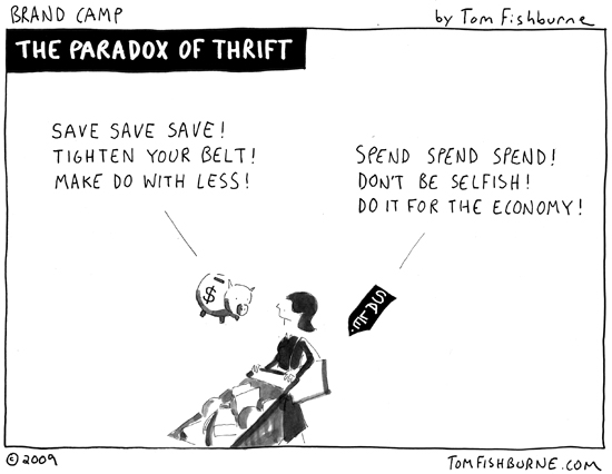This cartoon shows the paradox of thrift.  It shows a woman in a grocery store with two competing demands- one to save and to tighten her belt to be responsible, and one to spend and not be selfish but help the economy.