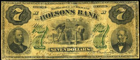 This photo shows an old 7 dollar bill from the Molsons Bank in Montreal.