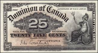 This photo shows a 25 cent bank note from 1900. These bills were nicknamed shin plasters.