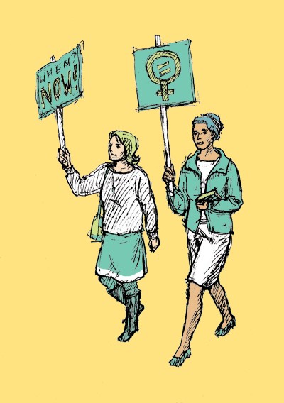 This is a drawing of two women carrying signs. They are marching to advocate for women&rsquo;s rights