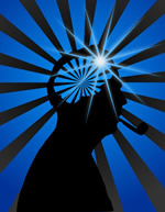 This is a side profile view of a drawing of a man with a pipe. His brain is highlighted in light blue. There are blue and black rays radiating outward from his head.