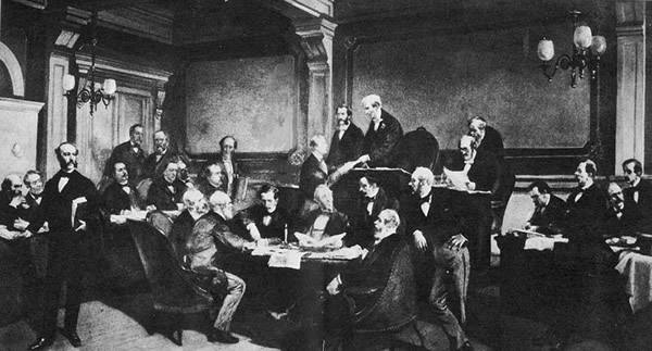 A painting of several men gathered around a table.