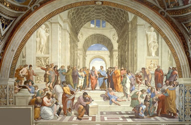 This is a painting by Raphael entitled “School of Athens”.