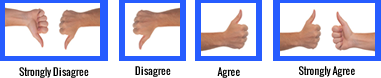 This is graphic of two thumbs up which means strong agree; one thumb up which means agree; one thumb down which means disagree and two thumbs down which means strongly disagree.