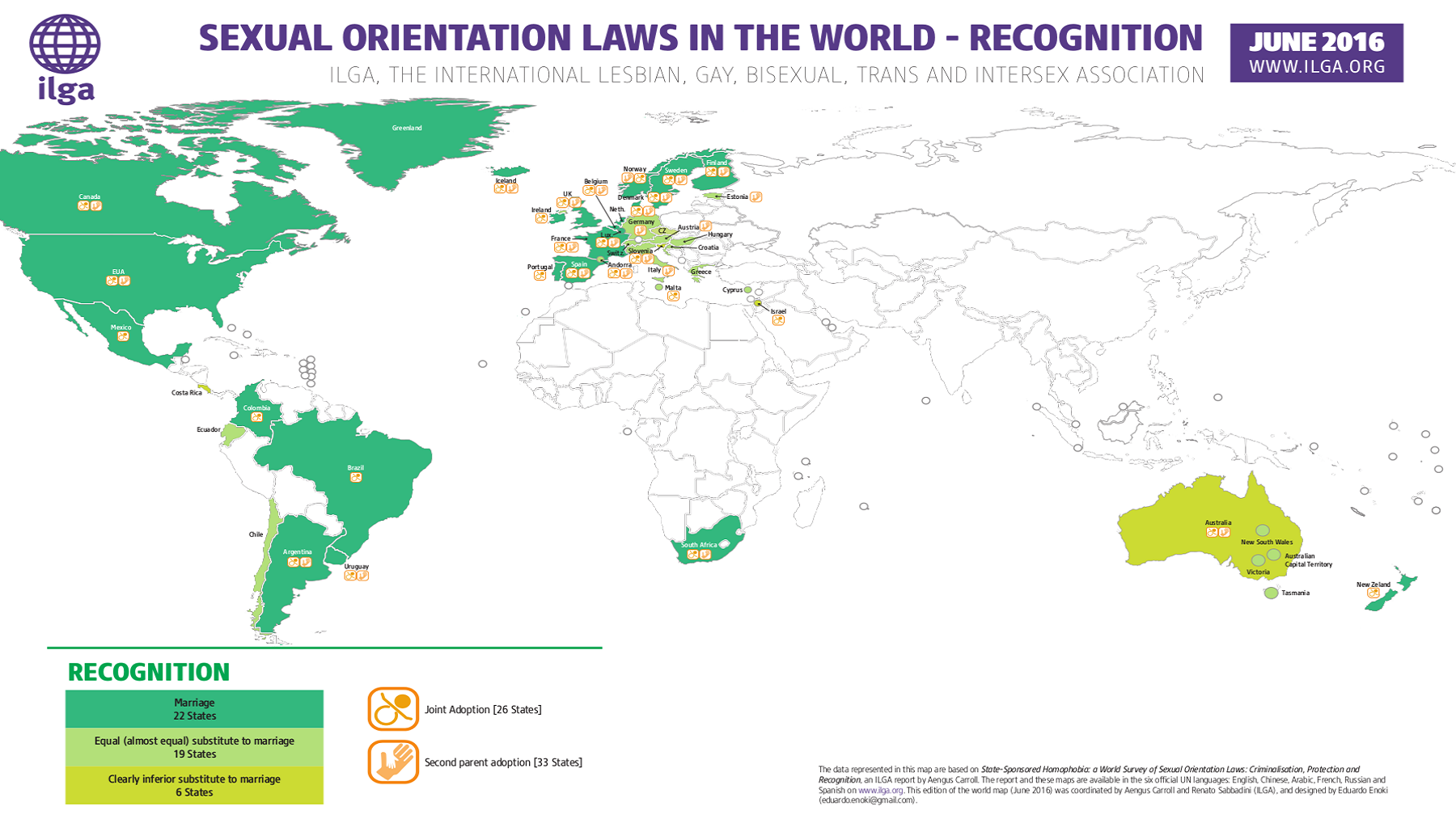 This is a map of the world. The countries that recognize same-sex marriage are identified by the colour green. It notes that despite this recognition, the union is not considered equal under the law in all places.