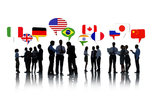 This is an image of several different people standing together in small groups. Above each of their heads is a text box that contains the flags of different countries.
