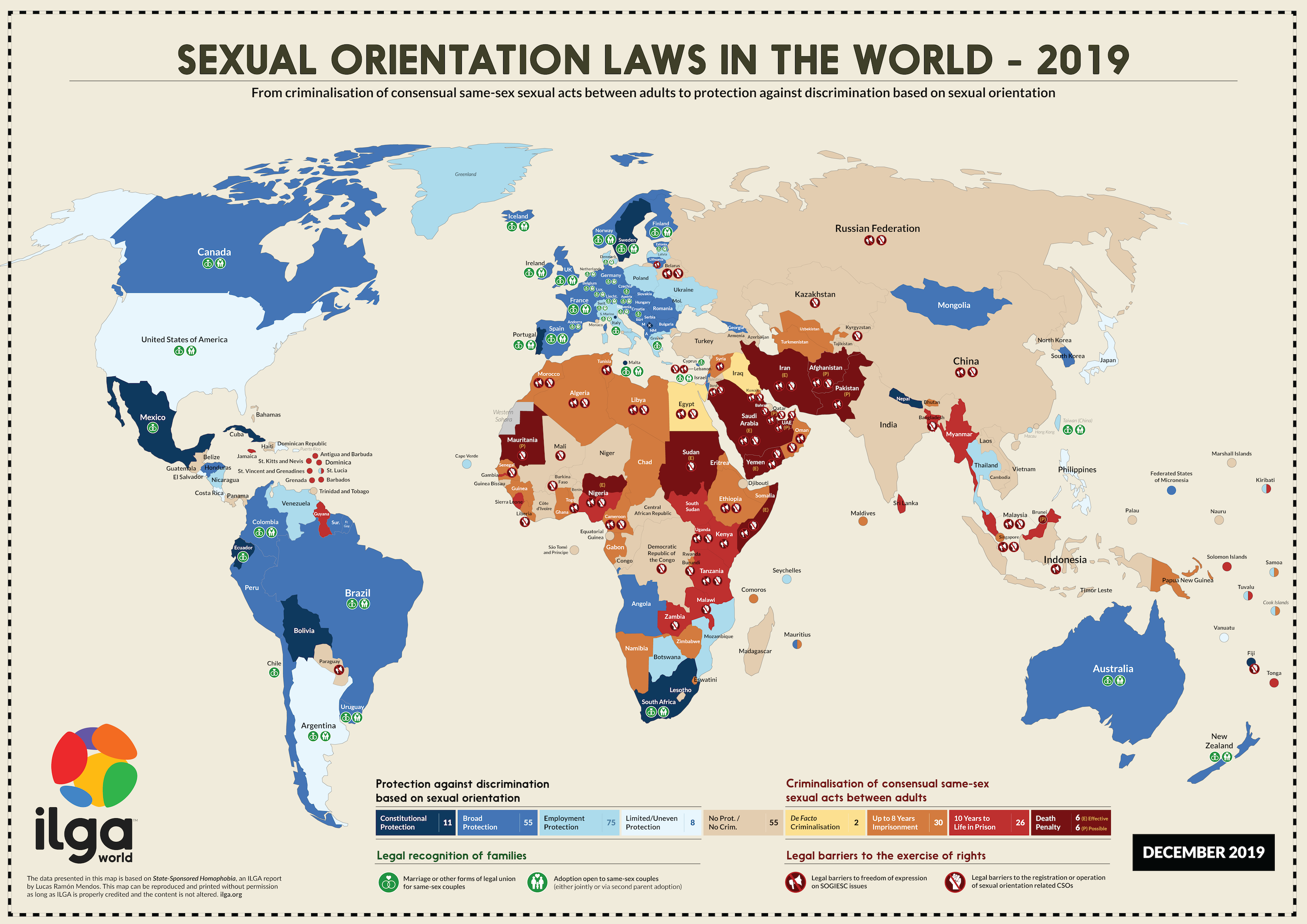  This is a map of the world. The countries that criminalize same sex relationships are indicated in various shades of red depending upon the severity of the restrictions. The colour blue represents countries that protect the rights of the LGBTQ community. The colour green notes the countries that recognize rights to adopt and to marry. 