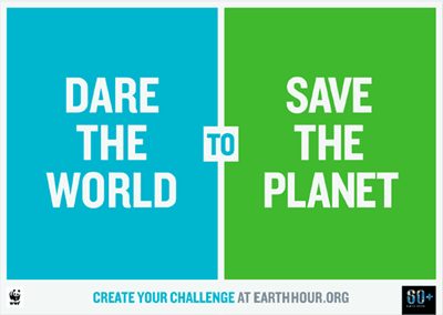 This is an image of a poster that says &ldquo;Dare the World to Save the Planet&rdquo;. It uses the colours blue and green.