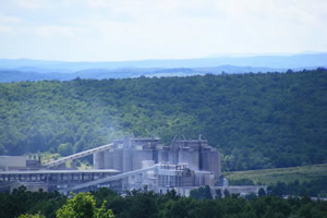 Photograph of a factory surrounded by a forest with mountains in the background.