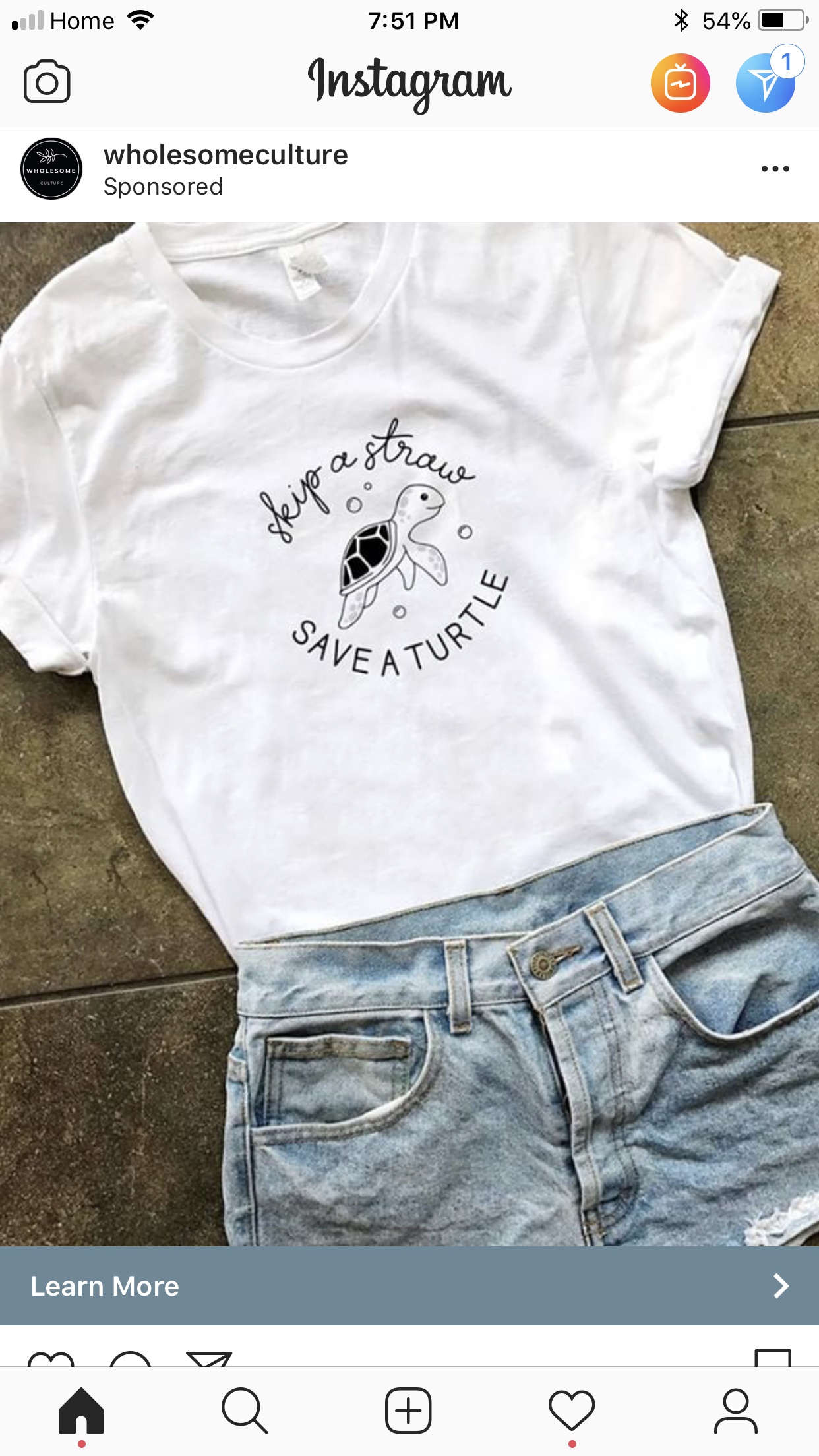 An image from Instagram of a t-shirt and shorts laid on the floor. On the t-shirt is an image of a turtle circled by text that says skip a straw, save a turtle.
