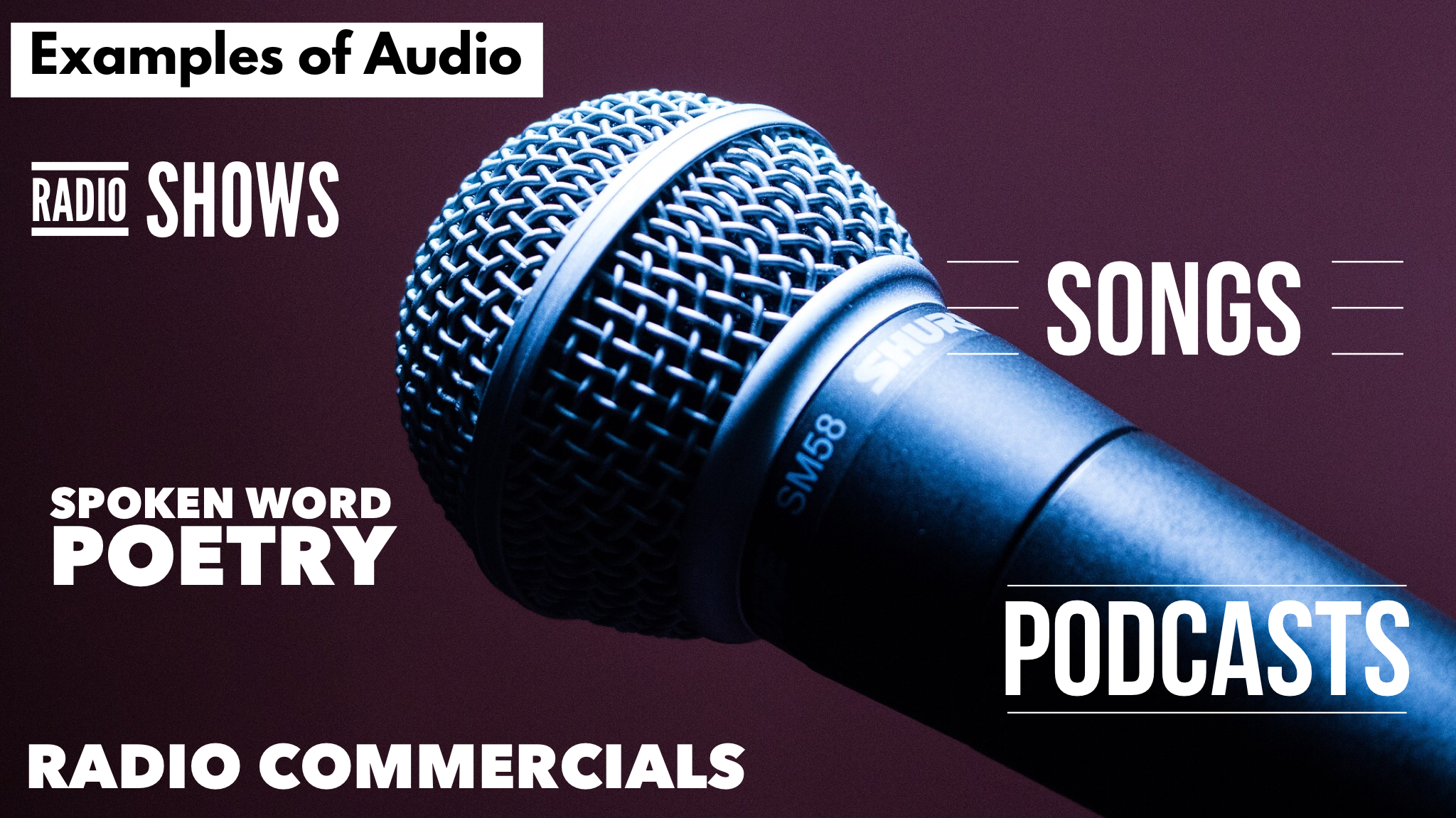 This is a close-up of a microphone with the title in the top left stating Examples of Audio. Mixed throughout the image is text stating radio shows, songs, spoken word poetry, podcasts, and radio commercials.