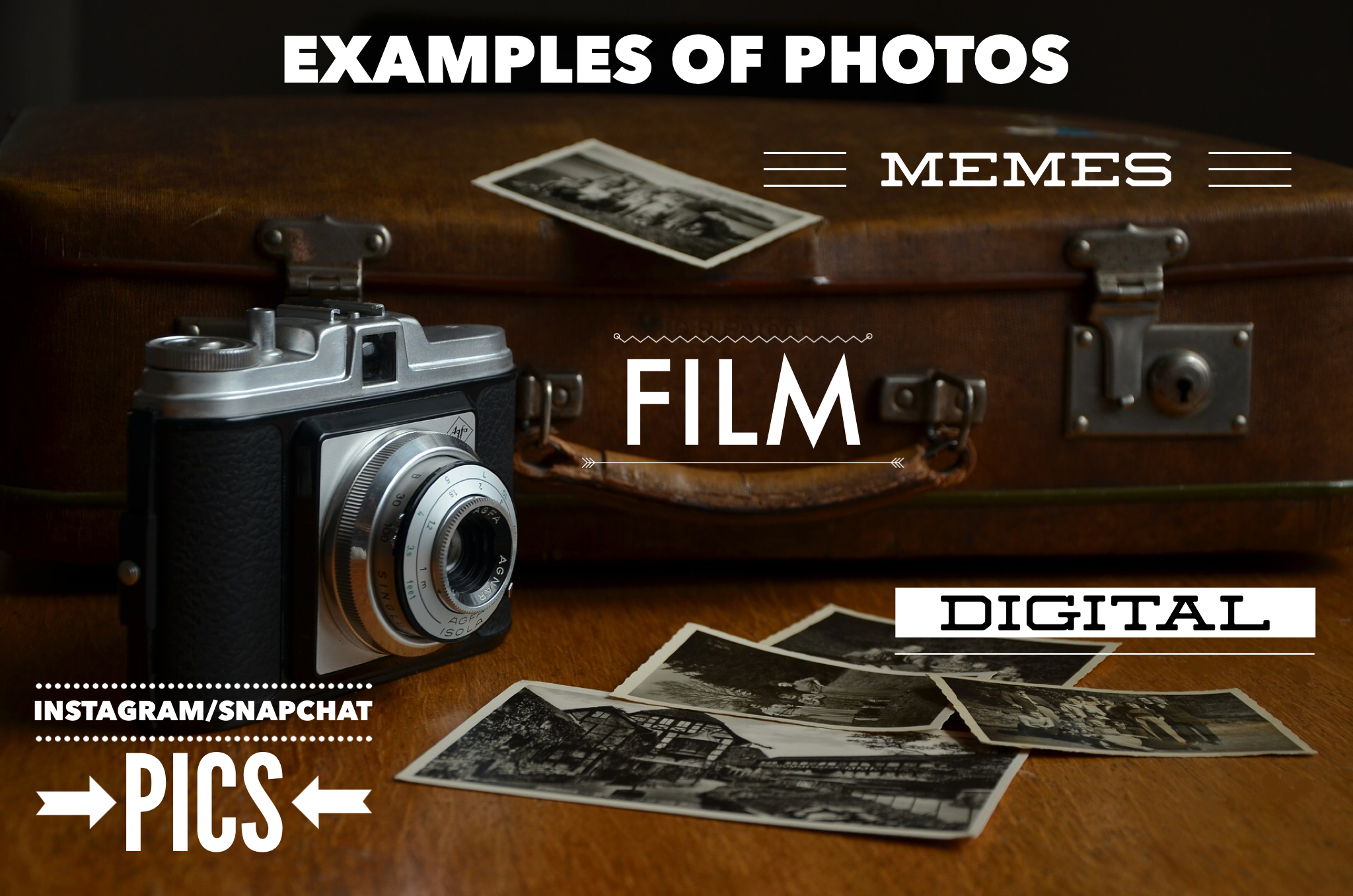 This image has an old suitcase in the background with an old point and click camera sitting upright in front of it, with black and white images of printed photos scattered throughout. At the top of the image is the title, Examples of Photos and on top of the image in different places is the text: examples of memes, film, digital, instagram and snapchat pics.