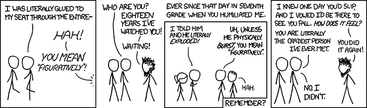 This is a simple comic where characters correct each other's misuse of the word, literally. 