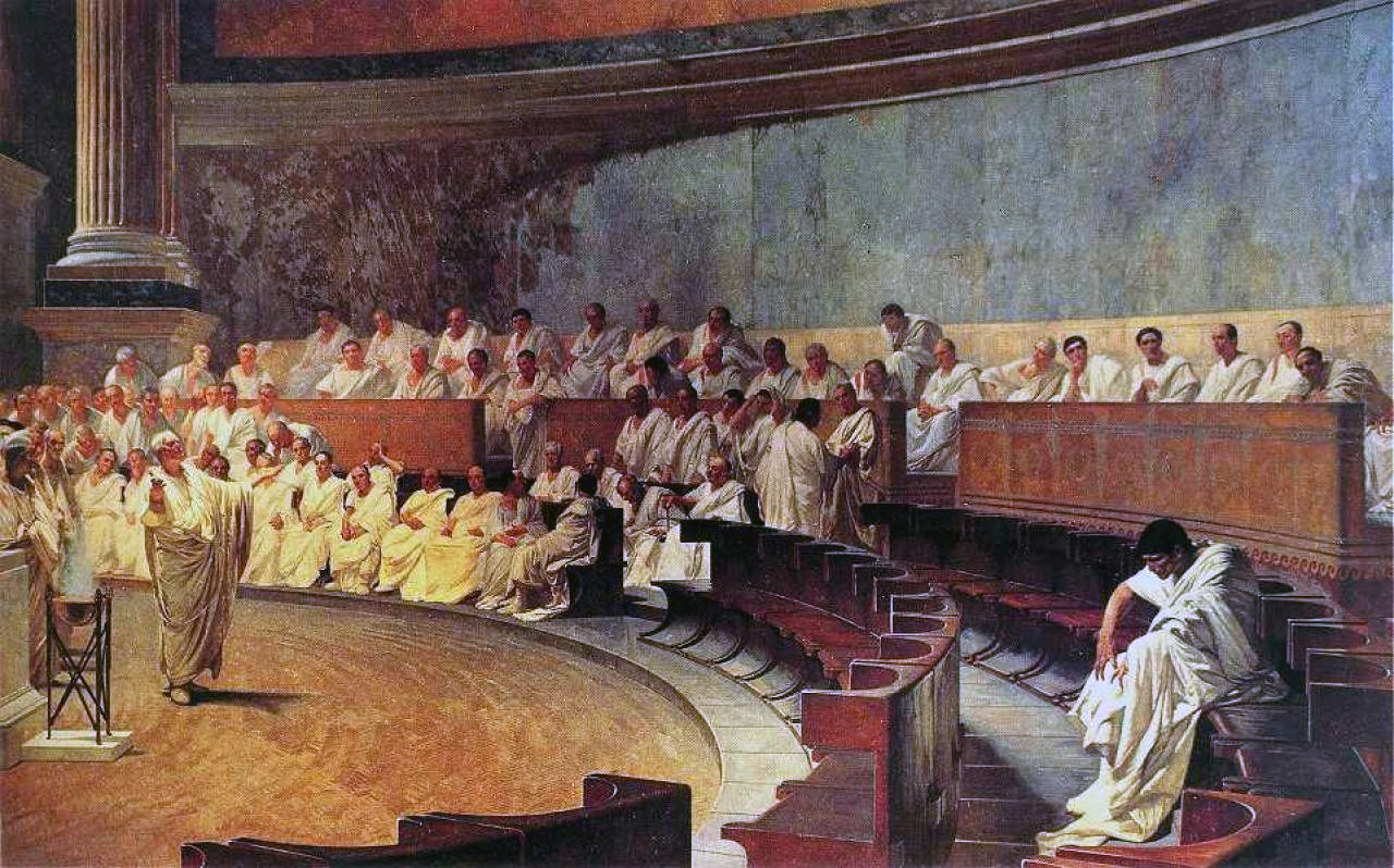 This is an image of a painting showing the Roman orator Cicero speaking to the Roman Senate.