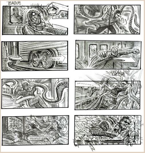 ​  Image of a storyboard from Spiderman 2.
