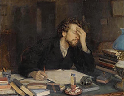 This image of a painting by Leonid Pasternak shows a 20 - 30 year old white man with his eyes closed and holding his forehead with a frustrated expression on his face. He has papers in front of him and a pen in his right hand. He is surrounded by assorted books.