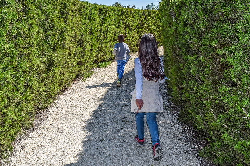 This is an image of two young children walking through a hedge maze.