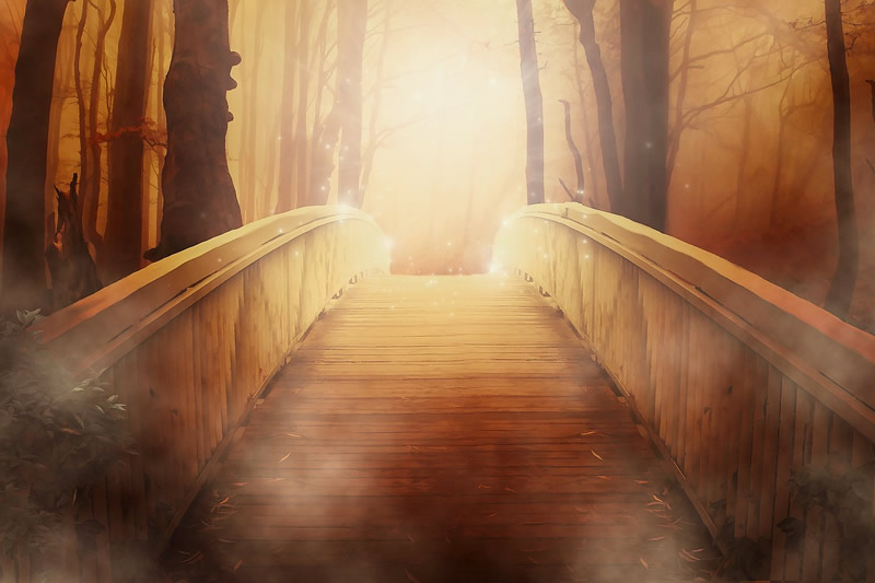 This is an image of a painting of a wooden bridge in a forest that stretches into the distance.