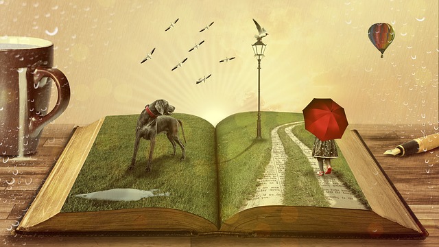 Un livre duquel s'envole une variete d'images est place sur une table.