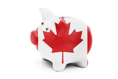 This is an image of a piggy bank adorned with a Canadian flag.