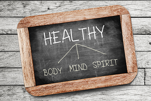 This is an image of a chalk board with the words Healthy, Body, Mind and Spirit.