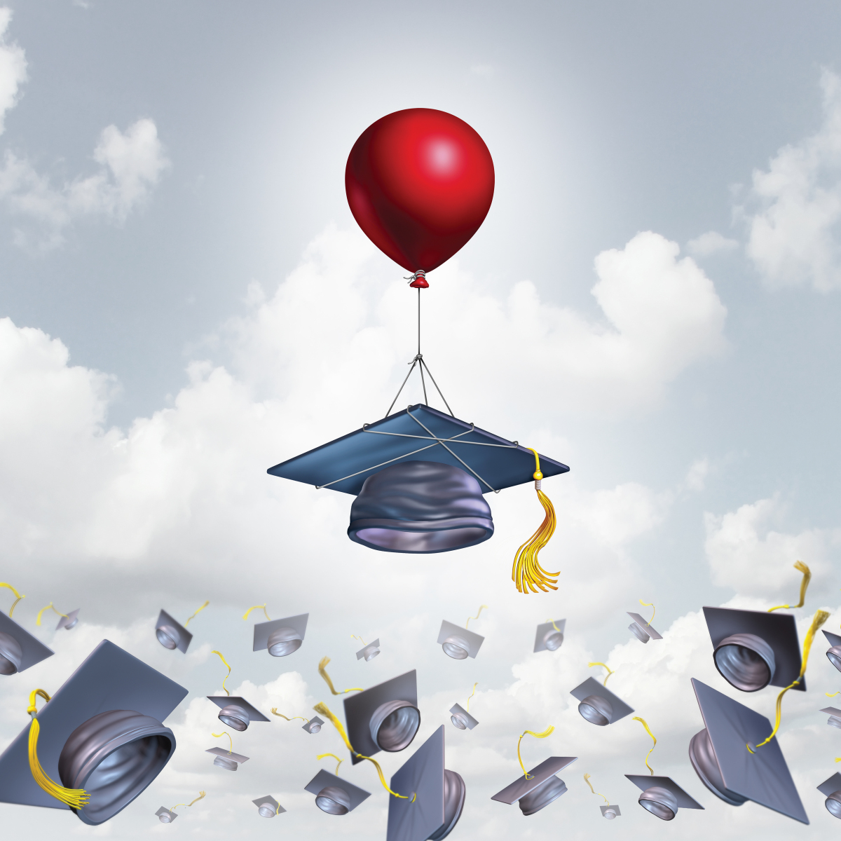 This graphic shows graduation caps being thrown in the air. A cap at the centre of the image is being carried by a red balloon.