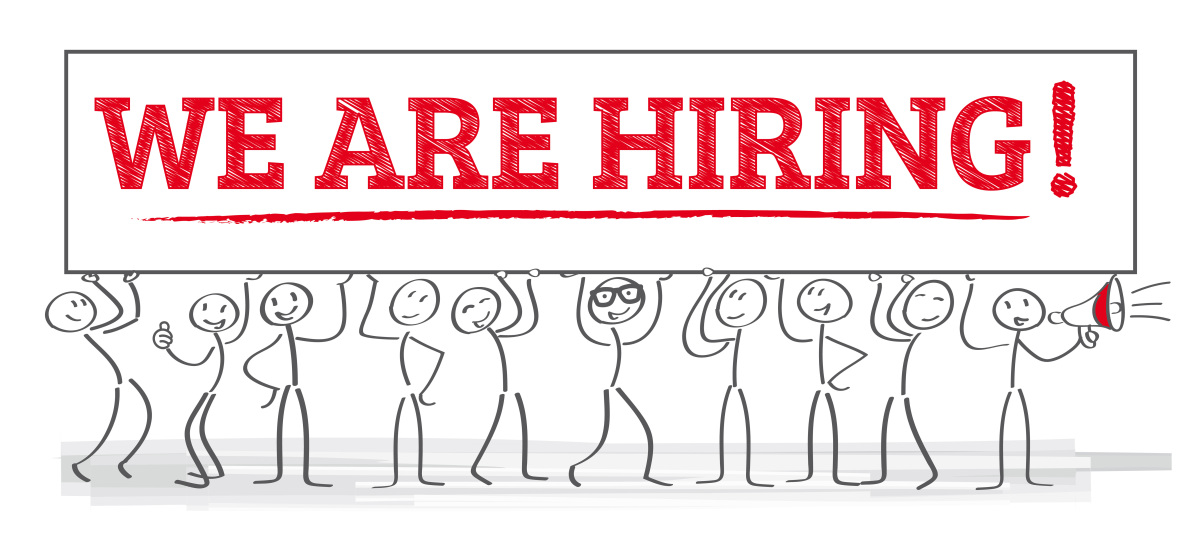 This graphic shows a team of stick figures holding a poster that reads We Are Hiring.