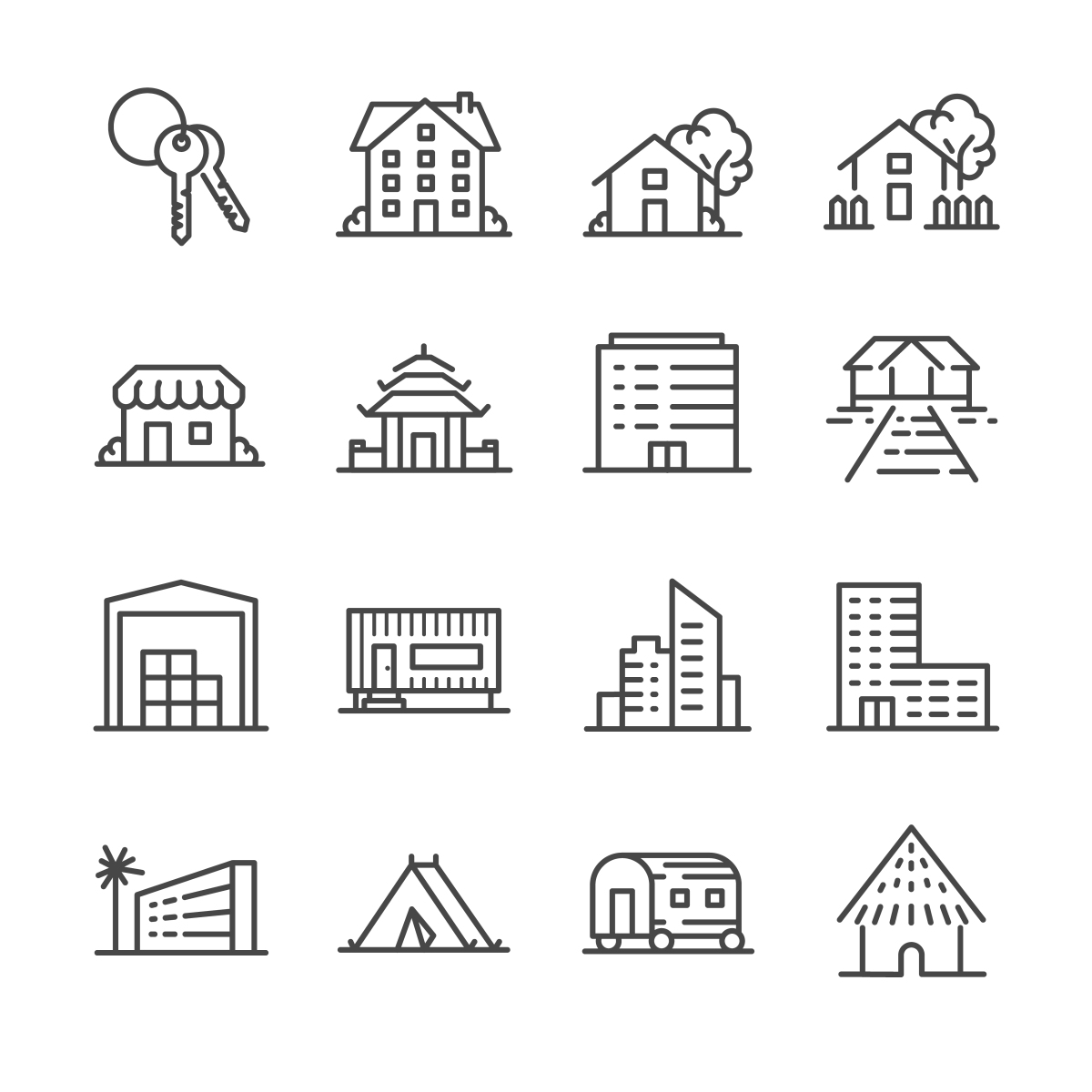 This graphic shows icons icons of various dwellings including a house, mobile home, motel, apartment and more.