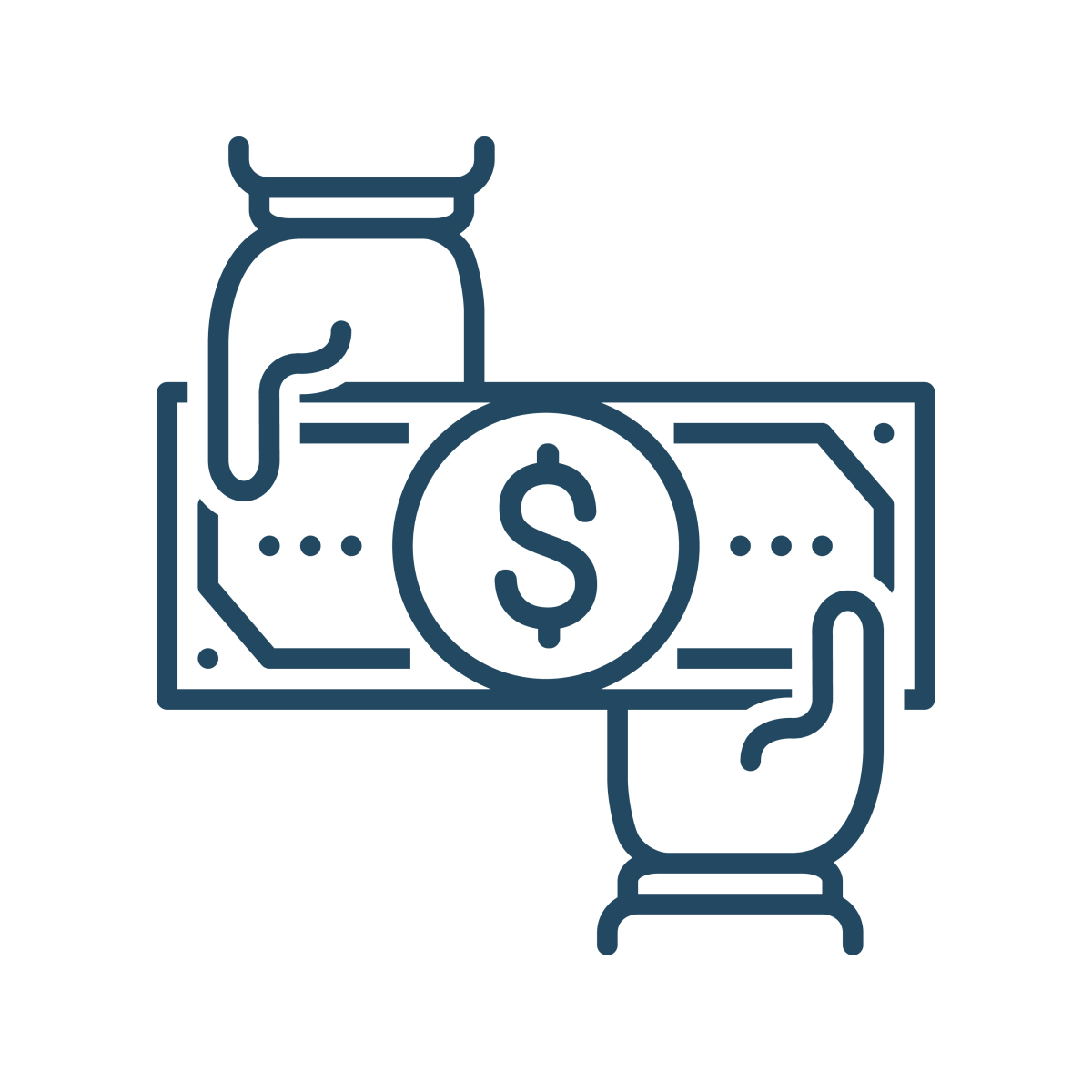 This graphic shows two human hands holding a dollar bill. A transfer of money is implied.