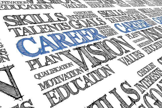 Words related to careers are seen typed on a surface that is similar to a newspaper background.