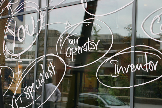 This is an image of a window. On it, someone has written the word &ldquo;You,&rdquo; with a number of arrows linking outward to the names of occupations that appear in bubbles: &ldquo;IT Specialist,&rdquo; &ldquo;Tour Operator,&rdquo; and &ldquo;Inventor.&rdquo; 