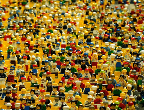 This is an image of hundreds of Lego people wearing different clothing items and uniforms, representing a multitude of careers.