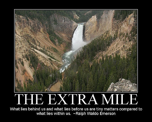 This is an image of a motivational poster. It contains a picture of an aerial view of a waterfall with a river traversing through a deep valley with steep embankments. An inspirational quotation from Ralph Waldo Emerson is below the picture.