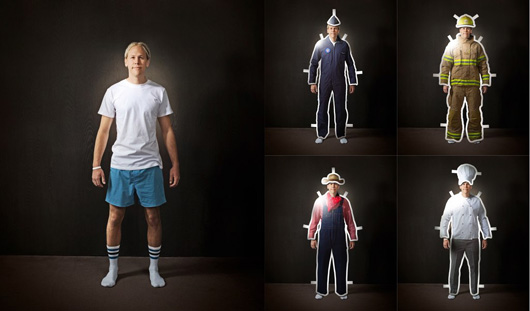 This is an image that contains five pictures of Sean Aitken. In one, he is dressed in his undergarments.  The other four images show him dressed in the uniforms of four different careers - an airforce pilot, a firefighter, a farmer, and a chef.