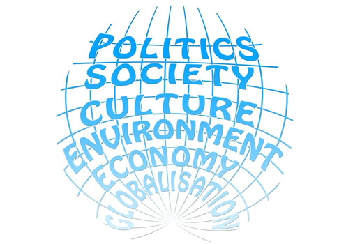 This is an image of the Earth, represented graphically by the lines of latitude and longitude, with the words `politics`, `society`, `culture`, &lsquo;environment&rsquo;, economy&rsquo;, and &lsquo;globalization&rsquo;.