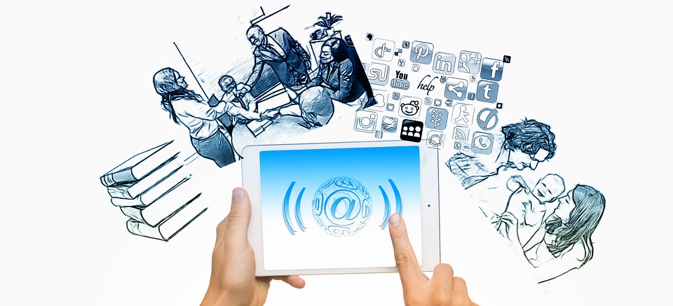 This is a first person view of a tablet connecting to drawings of interactions shaped by the web.