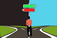 This graphic shows a man at a fork in road.  There are two arrows offering him a choice as to which road to take.