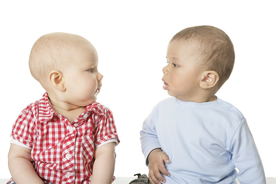 This image shows two babies who are 6 months looking at each other. 