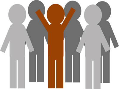 This is an image of 6 stick figures.  One in the centre is red and the rest are shades of grey.