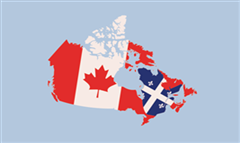This is a map of Canada with the Canadian flag over all of Canada except for Quebec which has the Quebec flag over it.