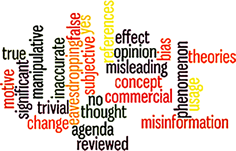 This is a word cloud of the words misinformation, inaccurate, motive, misleading, agenda, false, no, bias, eavesdropping, phenomenon, references, theories, reviewed, commercial, yes, manipulative, true, significant, subjective, opinion, change, concept, thought, usage, effect, and trivial.