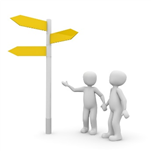 This is a graphic of two white avatars holding hands looking up at a street sign showing three arrows pointing in different directions.