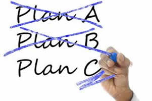 On a whiteboard the words 'Plan A' are crossed out as are the words 'Plan B' but 'Plan C' is underlined.