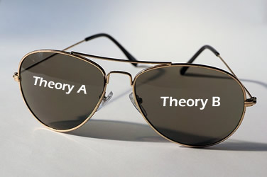 This is a photograph of pair of sunglasses. One lens says Theory A and the other says Theory B