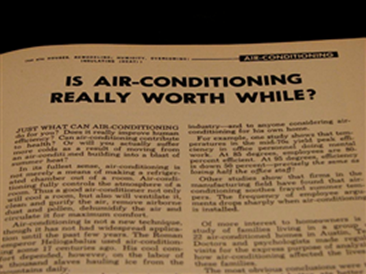 This is a photograph of a 1961 magazine article titled 'Is air-conditioning really worth while?'