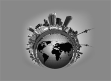 This is an image of a black and gray globe with a city skyline wrapped around it.