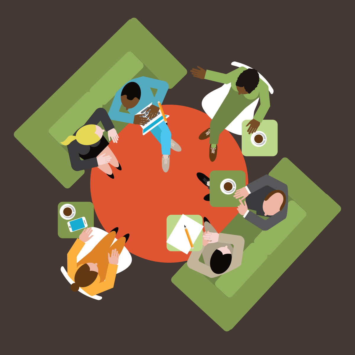 This is  a cartoon image of a group of people who are sitting around a table together in a work setting.